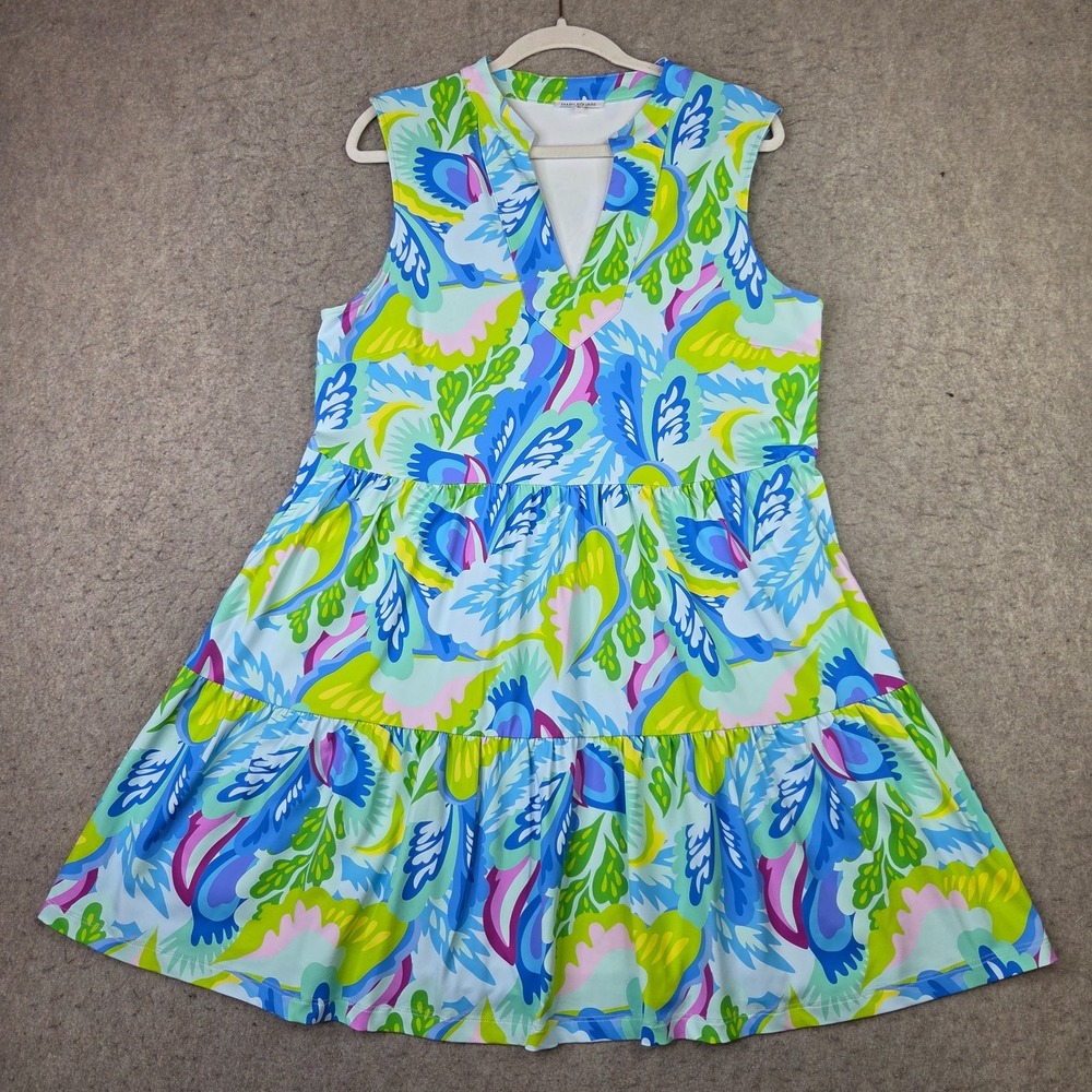 Mary Square Sleeveless Layered Floral Nylon Sundress Blue Multicolor Size Large